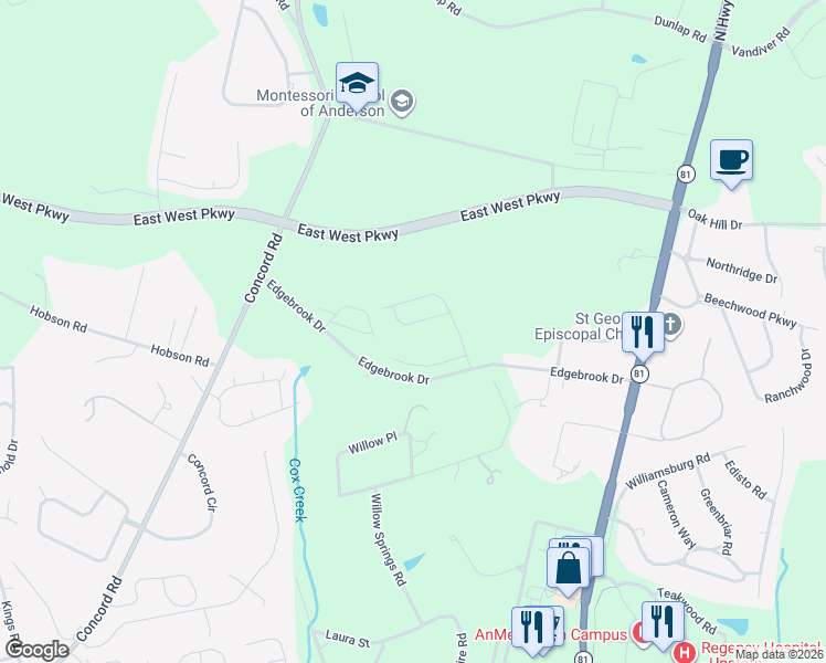 map of restaurants, bars, coffee shops, grocery stores, and more near 313 Wilkes Way in Anderson