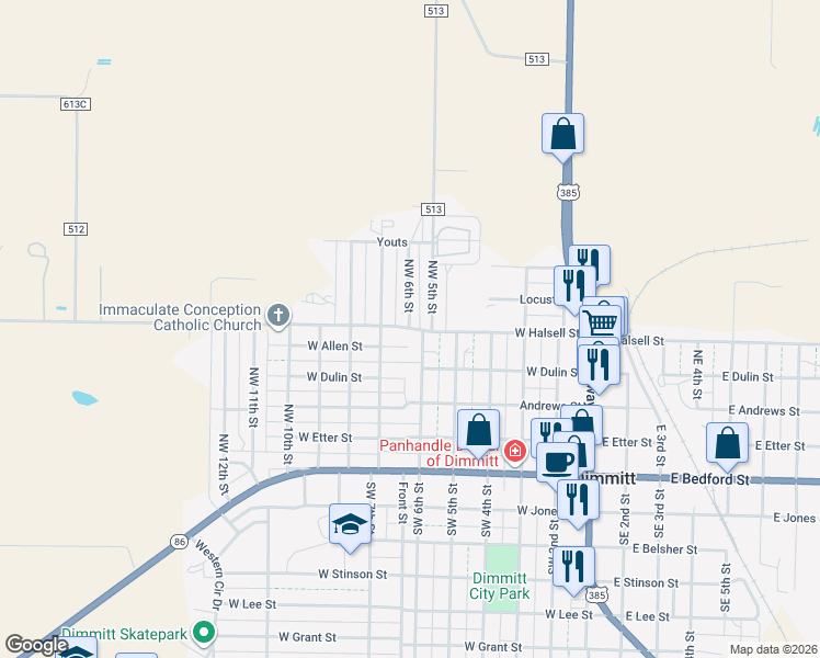 map of restaurants, bars, coffee shops, grocery stores, and more near 625 Farm to Market Road 2392 in Dimmitt