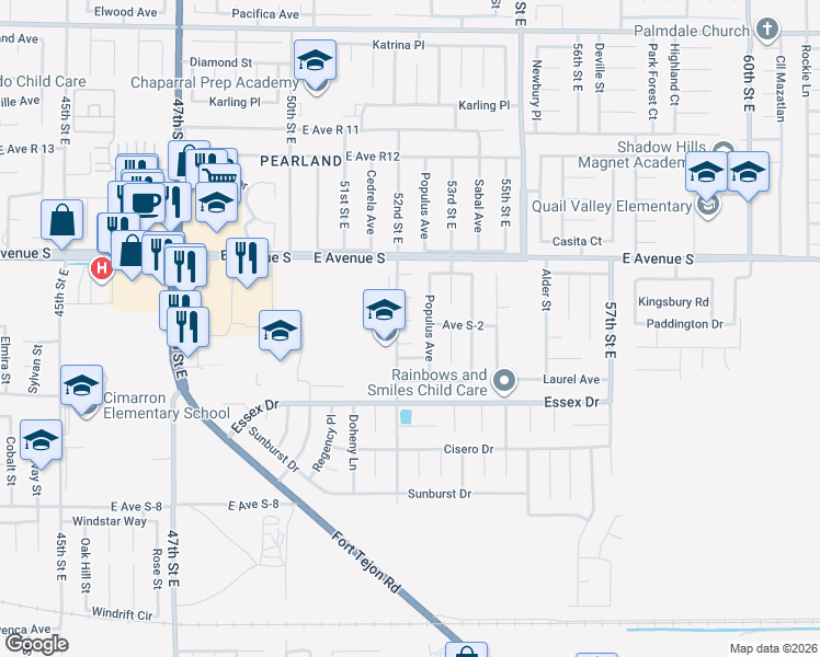 map of restaurants, bars, coffee shops, grocery stores, and more near 5203 Alden Way in Palmdale