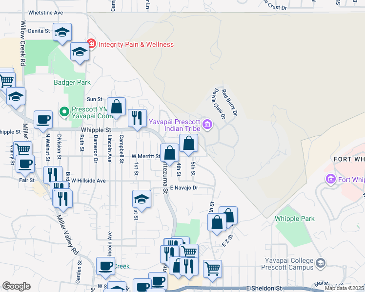 map of restaurants, bars, coffee shops, grocery stores, and more near 142 East Merritt Street in Prescott