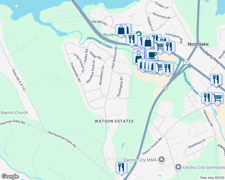 map of restaurants, bars, coffee shops, grocery stores, and more near 222 Phil Watson Road in Anderson