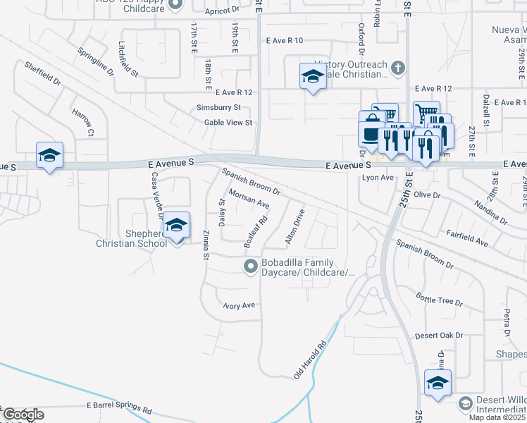 map of restaurants, bars, coffee shops, grocery stores, and more near 37069 Boxleaf Road in Palmdale