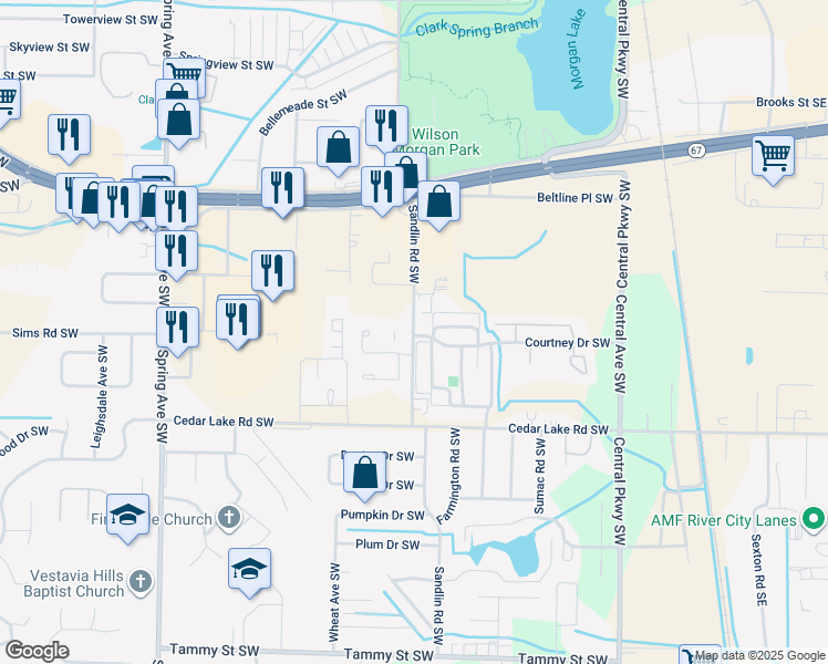 map of restaurants, bars, coffee shops, grocery stores, and more near 2815 Sandlin Road Southwest in Decatur