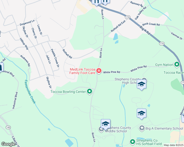 map of restaurants, bars, coffee shops, grocery stores, and more near 668 Rose Lane in Toccoa