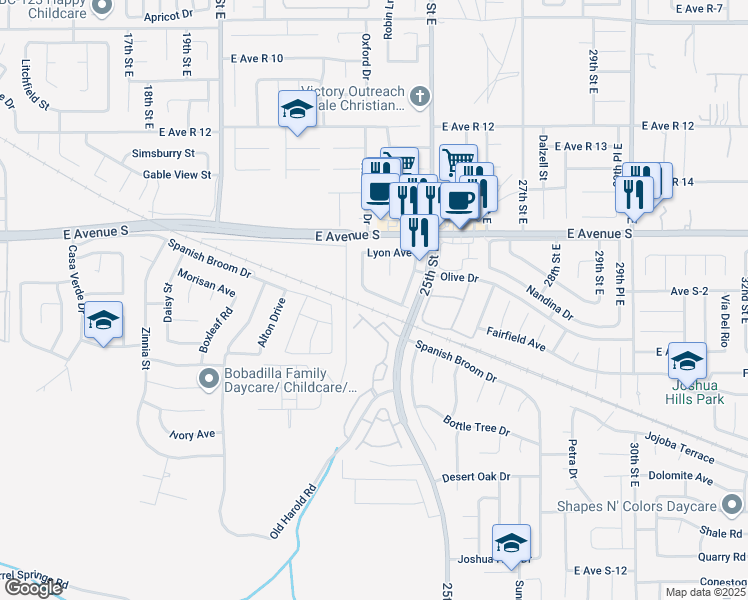 map of restaurants, bars, coffee shops, grocery stores, and more near 2242 Thomas Avenue in Palmdale