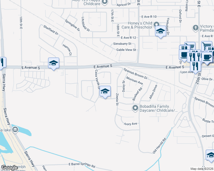map of restaurants, bars, coffee shops, grocery stores, and more near 1736 Marcus Avenue in Palmdale
