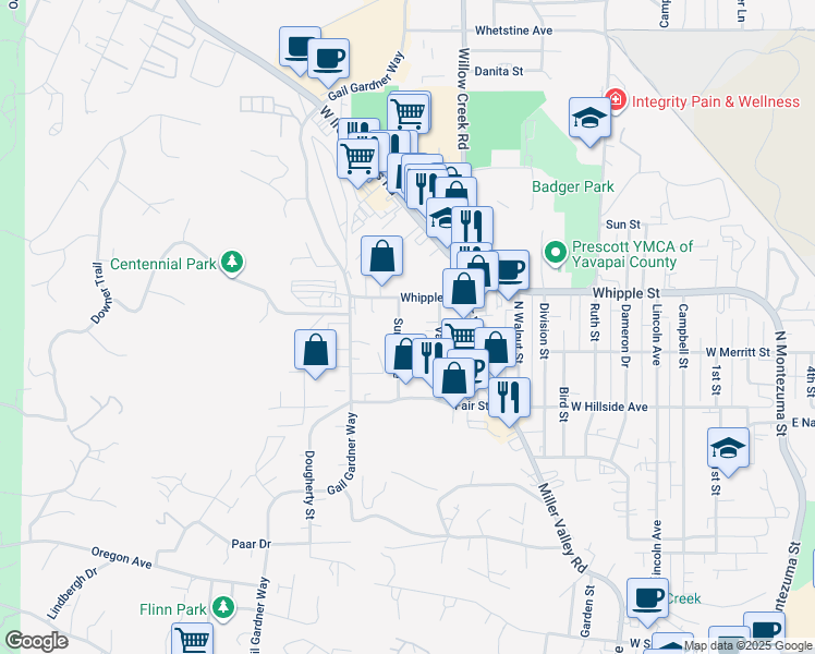 map of restaurants, bars, coffee shops, grocery stores, and more near 845 Sunset Avenue in Prescott