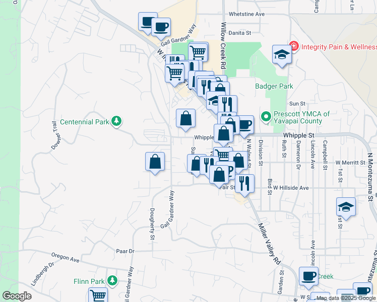 map of restaurants, bars, coffee shops, grocery stores, and more near 878 Sunset Avenue in Prescott
