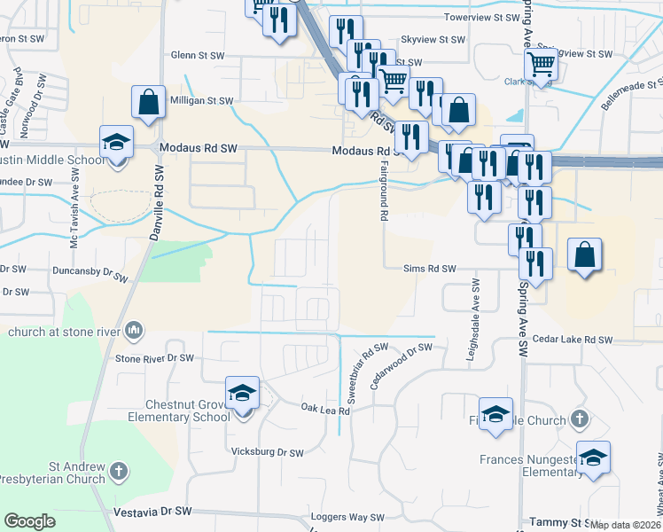 map of restaurants, bars, coffee shops, grocery stores, and more near 2916 Wimberly Drive Southwest in Decatur