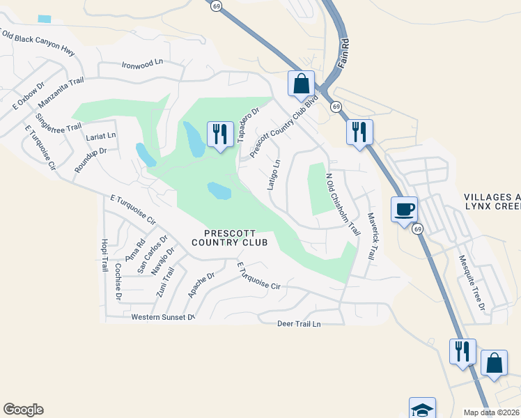 map of restaurants, bars, coffee shops, grocery stores, and more near 912 Rolling Green Road in Yavapai County
