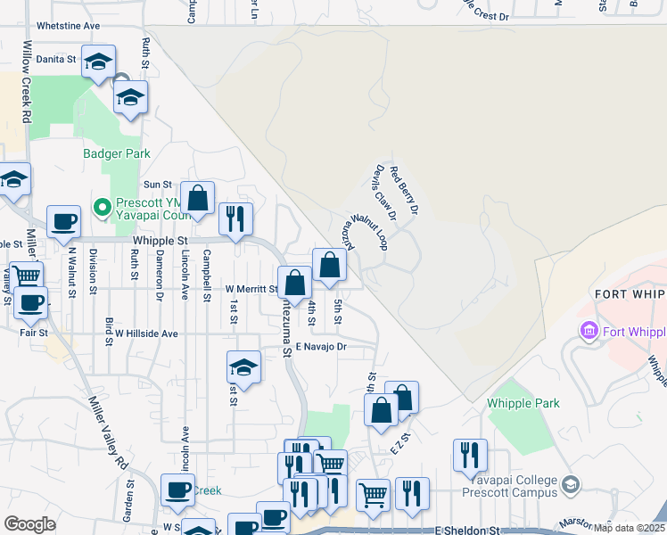 map of restaurants, bars, coffee shops, grocery stores, and more near 823 5th Street in Prescott