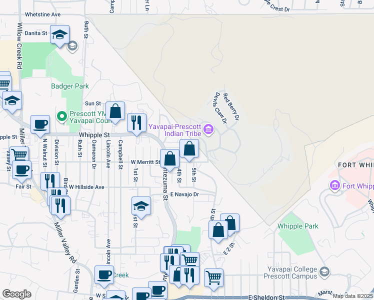 map of restaurants, bars, coffee shops, grocery stores, and more near 142 East Merritt Street in Prescott