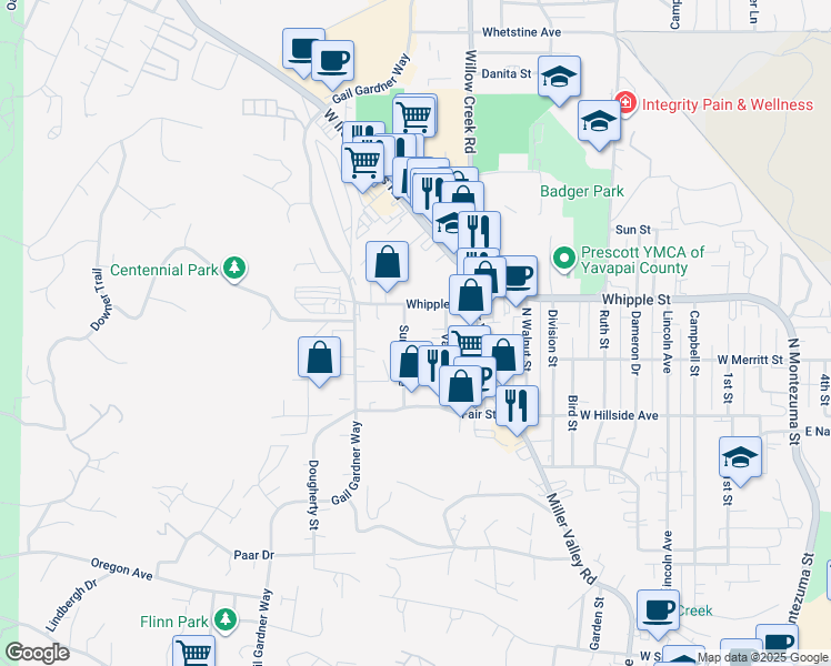 map of restaurants, bars, coffee shops, grocery stores, and more near 828 Sunset Avenue in Prescott