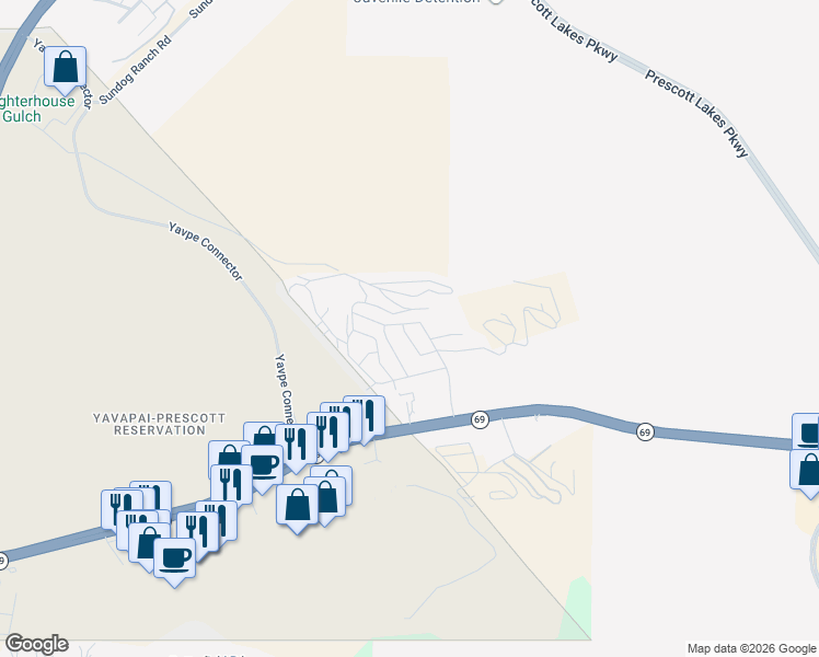 map of restaurants, bars, coffee shops, grocery stores, and more near 2234 River Trail Road in Prescott
