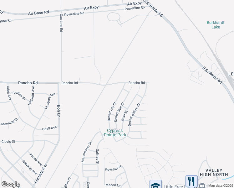 map of restaurants, bars, coffee shops, grocery stores, and more near 16804 Desert Lily Street in Victorville