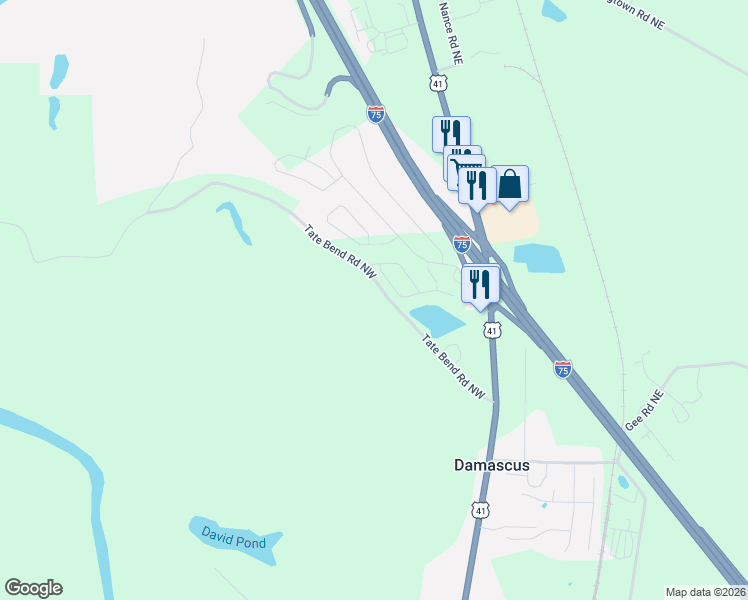 map of restaurants, bars, coffee shops, grocery stores, and more near 302 Tate Bend Road Northwest in Calhoun