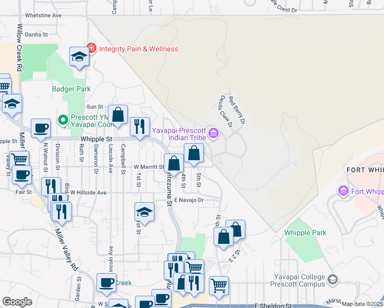 map of restaurants, bars, coffee shops, grocery stores, and more near 142 East Merritt Street in Prescott