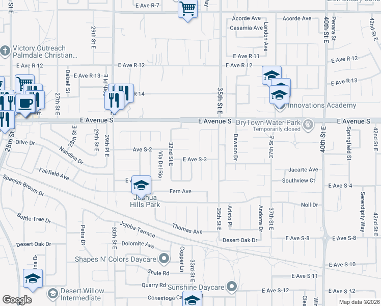 map of restaurants, bars, coffee shops, grocery stores, and more near East Avenue S2 in Los Angeles County