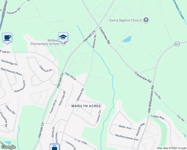 map of restaurants, bars, coffee shops, grocery stores, and more near 100 Vereen Court in Anderson