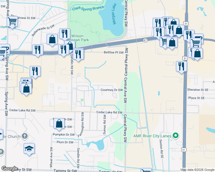 map of restaurants, bars, coffee shops, grocery stores, and more near 350 Courtney Drive Southwest in Decatur