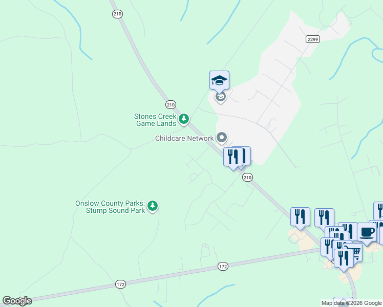 map of restaurants, bars, coffee shops, grocery stores, and more near 215 North Stingray Lane in Sneads Ferry