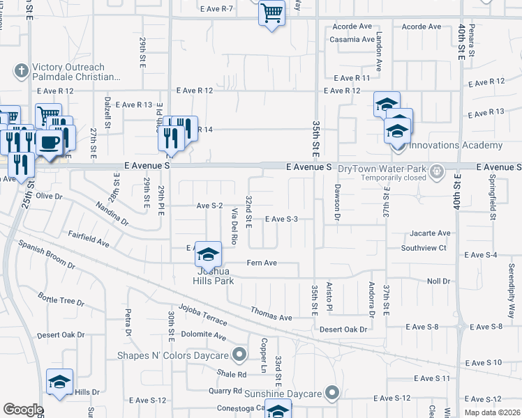 map of restaurants, bars, coffee shops, grocery stores, and more near 3211 Avenue S-3 East in Palmdale