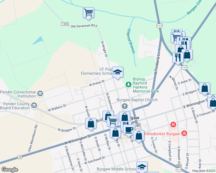 map of restaurants, bars, coffee shops, grocery stores, and more near 106 West Wallace Street in Burgaw