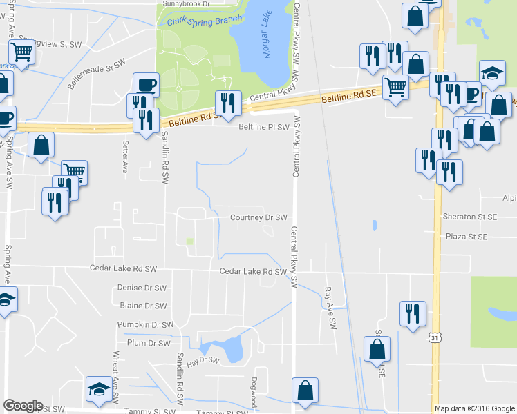 map of restaurants, bars, coffee shops, grocery stores, and more near 350 Courtney Drive Southwest in Decatur