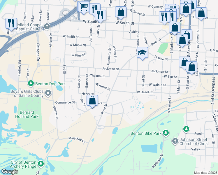 map of restaurants, bars, coffee shops, grocery stores, and more near 910 West Hazel Street in Benton