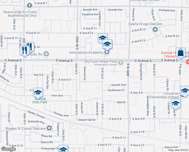 map of restaurants, bars, coffee shops, grocery stores, and more near 3626 Toscany Court in Palmdale
