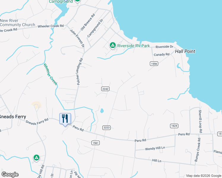 map of restaurants, bars, coffee shops, grocery stores, and more near 202 Finishing Lane in Sneads Ferry