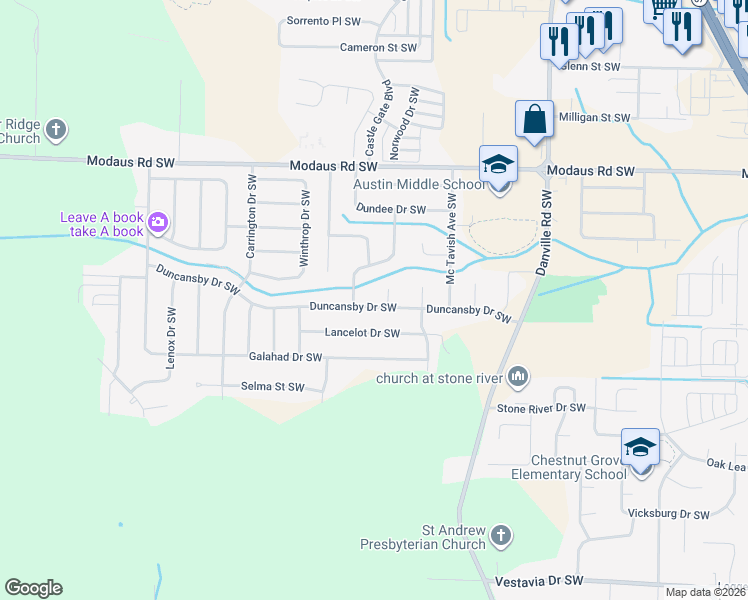 map of restaurants, bars, coffee shops, grocery stores, and more near 2205 Duncansby Drive Southwest in Decatur