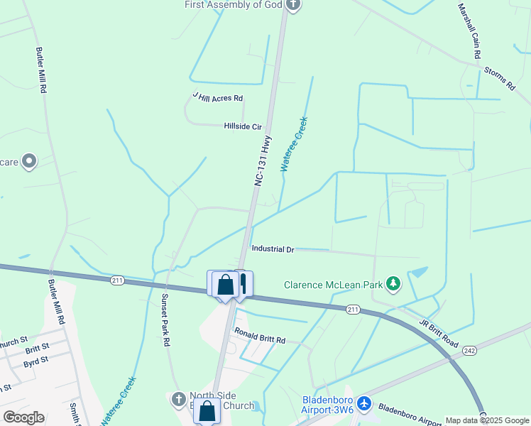map of restaurants, bars, coffee shops, grocery stores, and more near 40 Frederick Britt Road in Bladenboro