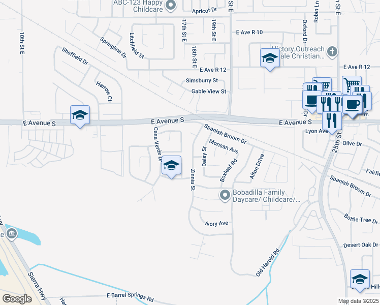 map of restaurants, bars, coffee shops, grocery stores, and more near 37109 Zinnia Street in Palmdale