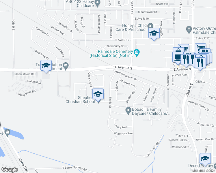 map of restaurants, bars, coffee shops, grocery stores, and more near 37109 Zinnia Street in Palmdale