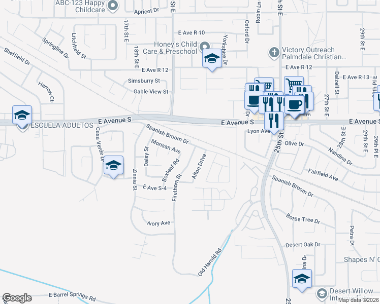 map of restaurants, bars, coffee shops, grocery stores, and more near 37137 Firethorn Street in Palmdale