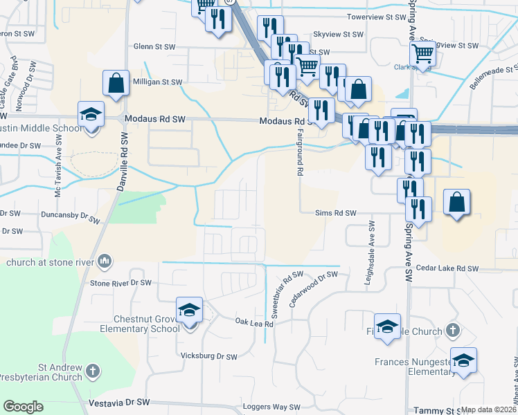 map of restaurants, bars, coffee shops, grocery stores, and more near 2916 Wimberly Drive Southwest in Decatur