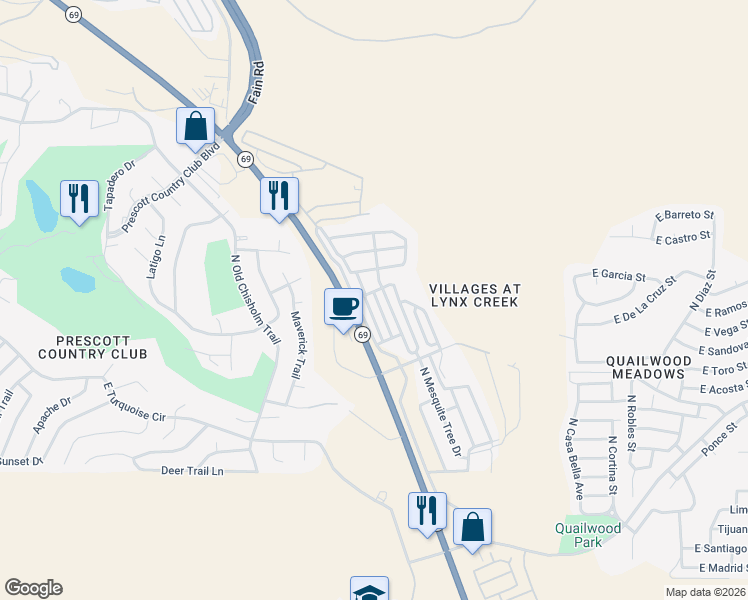 map of restaurants, bars, coffee shops, grocery stores, and more near 890 North Ponderosa Pine Drive in Prescott Valley
