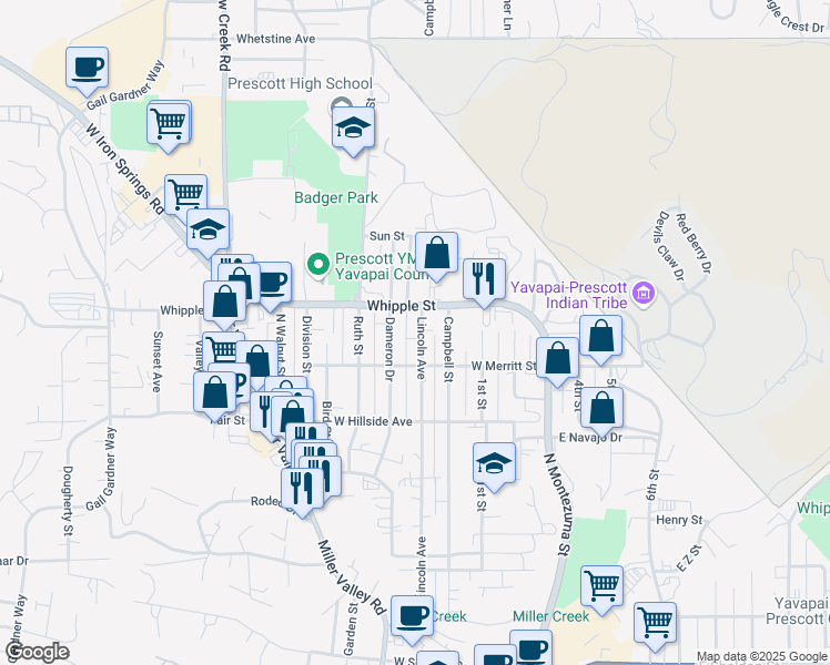 map of restaurants, bars, coffee shops, grocery stores, and more near 821 Lincoln Avenue in Prescott