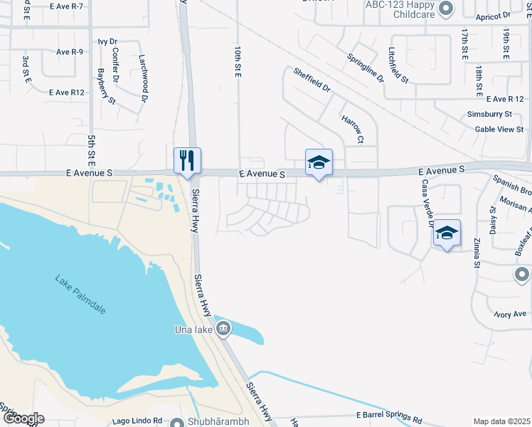 map of restaurants, bars, coffee shops, grocery stores, and more near 1030 East Avenue S in Palmdale