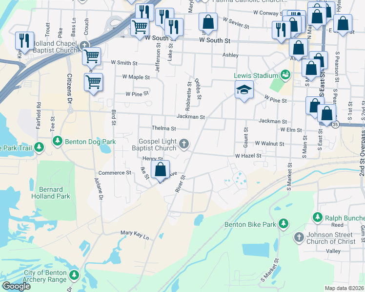map of restaurants, bars, coffee shops, grocery stores, and more near 910 West Hazel Street in Benton