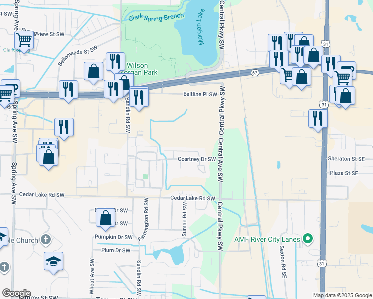 map of restaurants, bars, coffee shops, grocery stores, and more near 304 Courtney Drive Southwest in Decatur