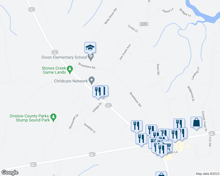 map of restaurants, bars, coffee shops, grocery stores, and more near 1101 Quarters Landing Circle in Sneads Ferry