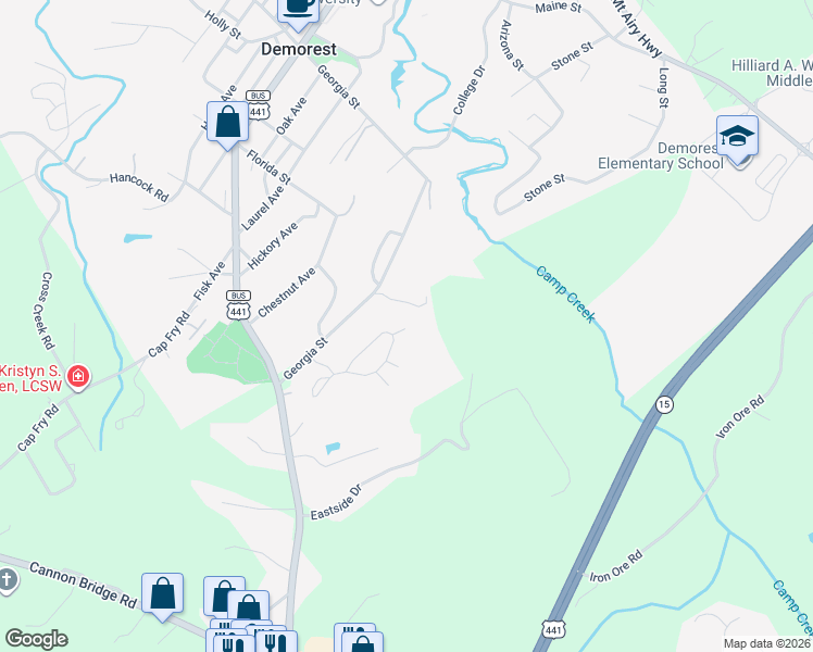 map of restaurants, bars, coffee shops, grocery stores, and more near 111 Brasstown Lane in Demorest
