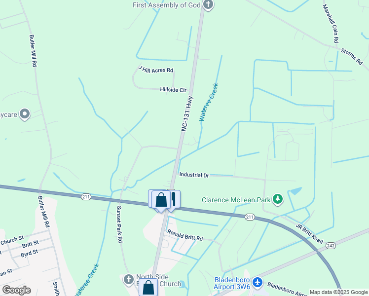 map of restaurants, bars, coffee shops, grocery stores, and more near 36 Frederick Britt Road in Bladenboro