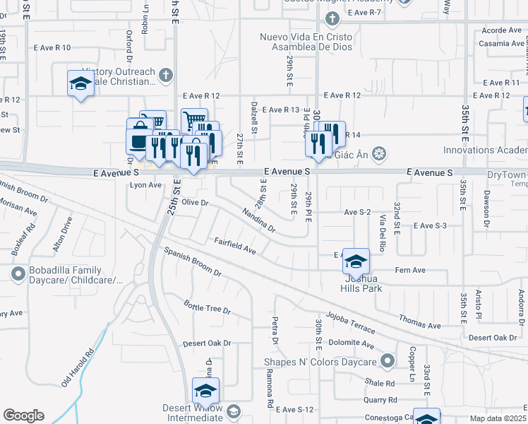 map of restaurants, bars, coffee shops, grocery stores, and more near 2810 Juniper Drive in Palmdale