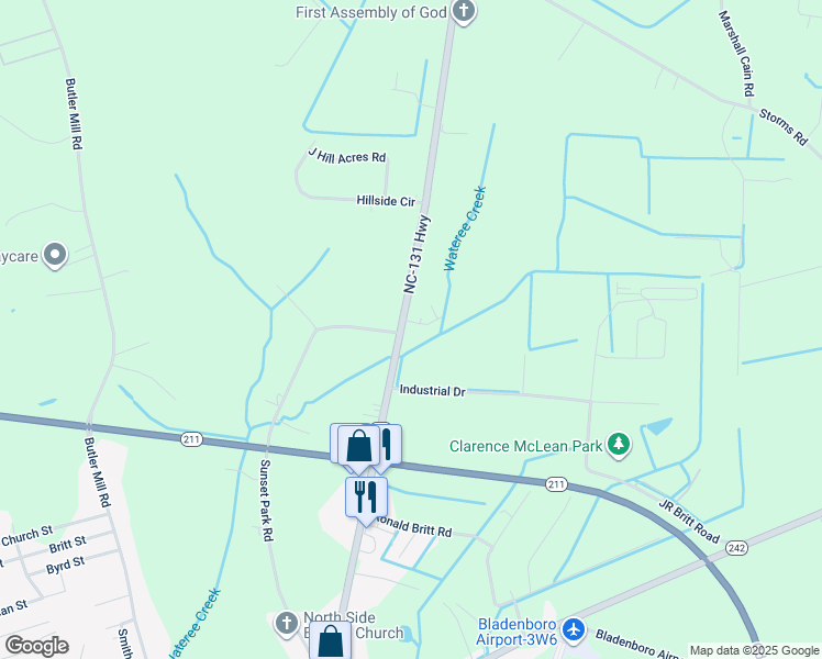 map of restaurants, bars, coffee shops, grocery stores, and more near 36 Frederick Britt Road in Bladenboro