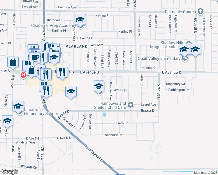 map of restaurants, bars, coffee shops, grocery stores, and more near 37101 Populus Avenue in Palmdale