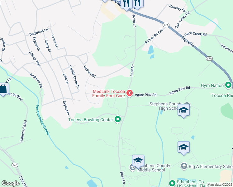 map of restaurants, bars, coffee shops, grocery stores, and more near 668 Rose Lane in Toccoa