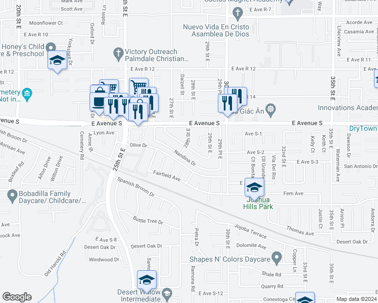 map of restaurants, bars, coffee shops, grocery stores, and more near 2810 Juniper Drive in Palmdale